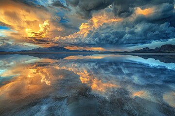 Fototapeta premium A photo depicting a vast expanse of water reflecting the cloudy sky above Dark storm clouds gathering over a vast sea .