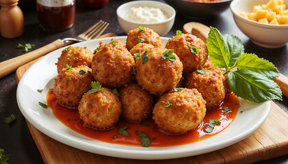 Appetizing plate of fried sardine balls served with sauce in a bright kitchen setting