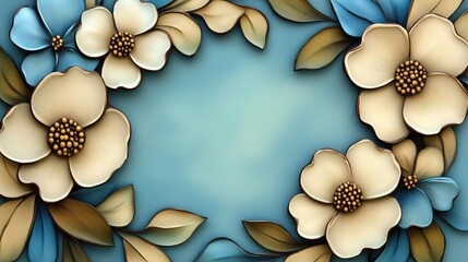 This artwork showcases a vibrant summer color palette featuring green leaves and flowers arranged in a circular frame. The piece highlights blue and cream blossoms, enhancing its decorative effect