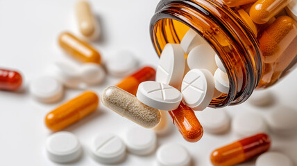 Falling Pills from Glass Bottle Floating
