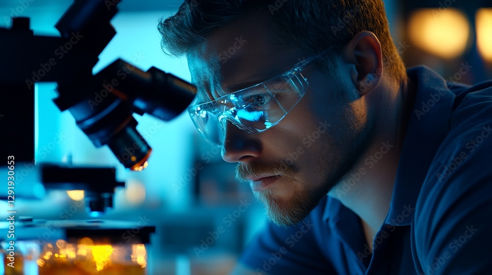 Poster scientist using microscope in lab at night (1)