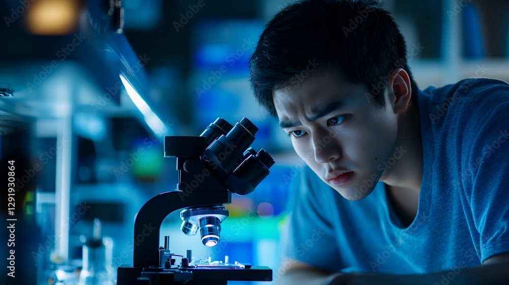 Poster scientist using microscope in lab at night