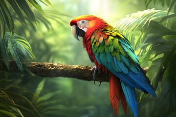 A colorful parrot perched on a tropical branch, vibrant jungle background,bird day