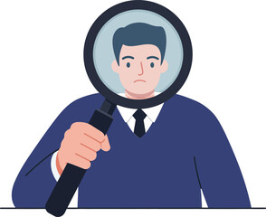Obraz premium A man in a suit holding a magnifying glass, showcasing curiosity in a minimal flat design style vector illustration