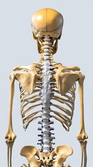 Detailed view of a human skeleton's posterior, showcasing the intricate structure of the spine, ribs, and pelvis against a neutral background for educational purposes.