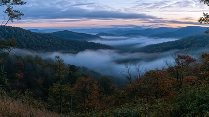 Obraz premium Appalachian Mountains at Sunrise, Mist-Covered Valleys, Autumn Foliage