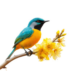 Obraz premium colorful bird perched on the branch of yellow flowers, against a transparent background, png