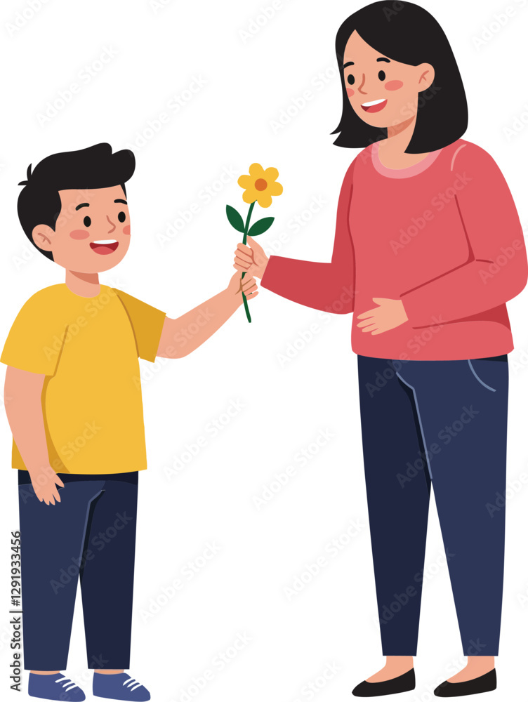 Poster a cheerful boy presenting a yellow flower to a smiling woman in a flat design style vector illustrat