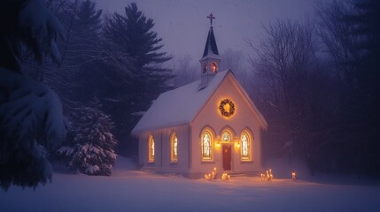 Snowy church, winter night, forest, candles, Christmas