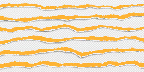 Pieces of horizontal yellow paper with torn, ripped edges are on transparent background for text or ad.