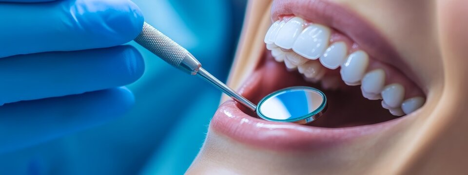 Professional Dental Examination &ndash; Clean White Teeth and Dentist&rsquo;s Mirror, Clean, white teeth, professional dentistry, oral care concept