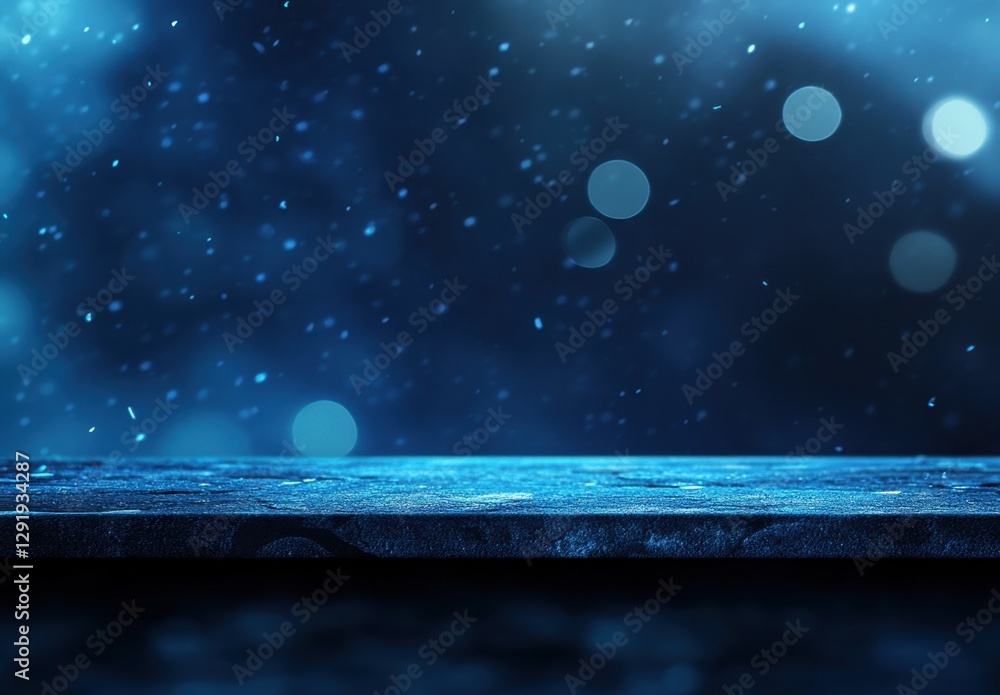 Poster empty marble table top with falling snow and bokeh effect on blue background