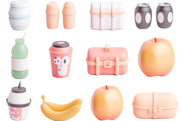 A collection of fun, cartoon-style food and drink items is displayed in a 3x3 grid format. The colorful set features playful designs including fruits and beverage containers