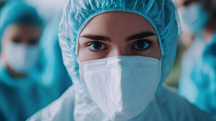 Medical professional in protective gear standing vigilant inside sterile hospital corridor during coronavirus outbreak
