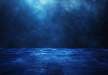 Empty futuristic sci-fi floor reflecting dramatic blue night sky with stars and clouds