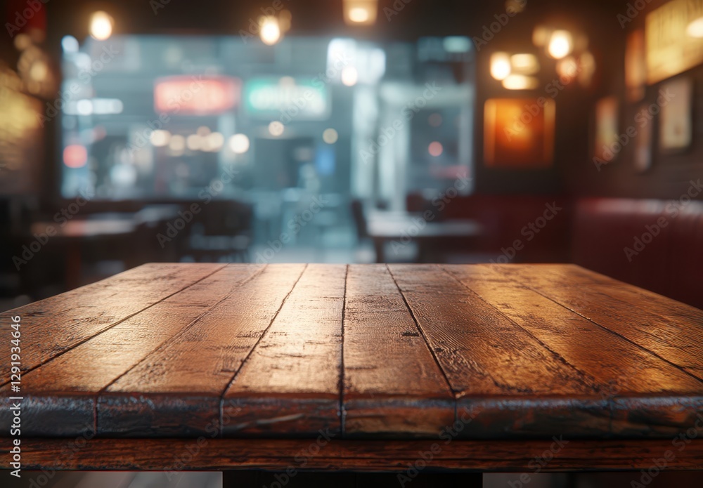 Poster rustic wooden table in a cozy cafe with blurred background and warm ambient lighting creating an inv
