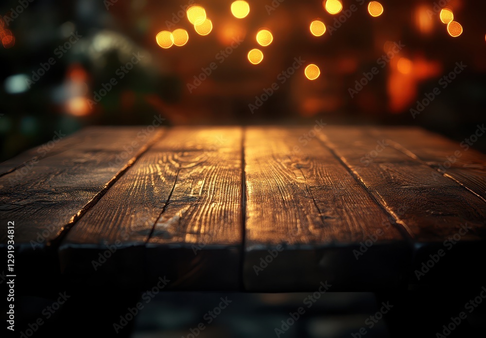 Poster rustic wooden table with soft glowing lights in the background, creating a warm and inviting atmosph
