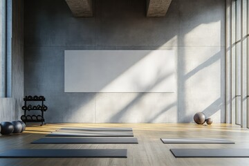 Modern concrete yoga gym interior with equipment, blank banner on wall, daylight and wooden flooring. AI generated illustration.