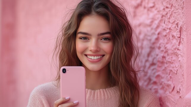 A young woman stands in front of a pink wall, smiling brightly while holding her phone. She is dressed in a cozy pastel sweater, radiating positivity in the lively downtown atmosphere