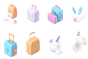 A colorful 3x3 grid features cartoon-style travel items, including a suitcase, backpack, compass, and cheerful characters, perfect for creative projects