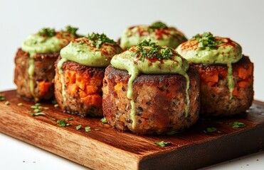 Savory Sweet Potato Patties with Avocado Sauce Garnish and Fresh Herbs on a Wooden Board for a Wholesome Meal or Snack Option