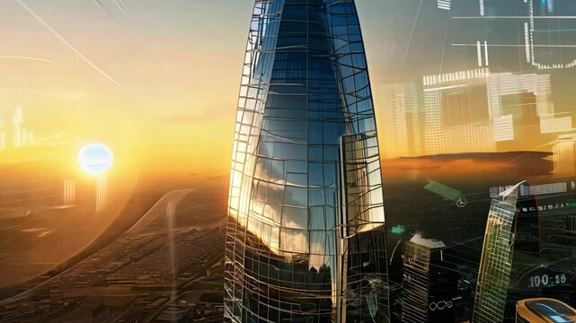 A sleek, futuristic glass tower reflecting the sunset with digital data overlays, symbolizing innovation and technology in an urban city.

