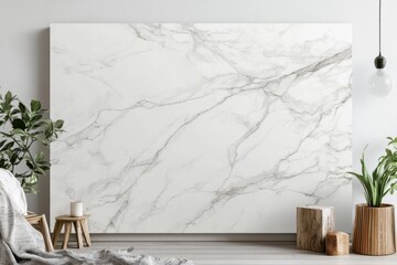 Interior features marble backdrop with plants and wooden elements