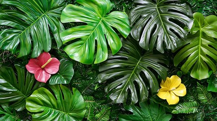 Obraz premium Lush monstera leaves & colorful flowers background, dense foliage, suitable for wallpaper/tropical design use