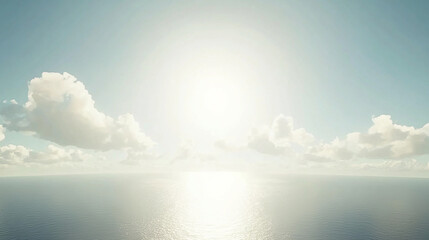 Obraz premium Serene ocean view under a bright sun with fluffy clouds reflecting on calm waters