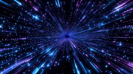 Fototapeta premium Stellar Hyperdrive Tunnel - Abstract depicting a hyperdrive tunnel through space, filled with glowing blue and purple particles