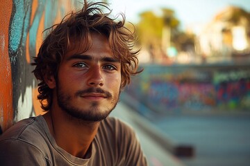 A guy in a basic t-shirt posing near graffiti on a skatepark wall.