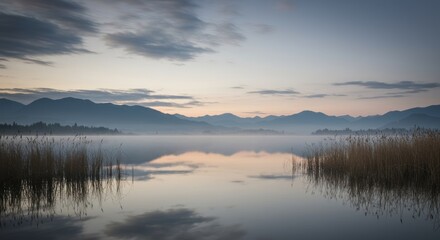 Fototapeta premium Tranquil dawn lake scene with mountains reflected in calm waterscape