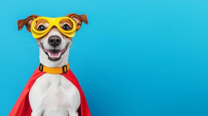 Super Dog in Red Cape and Yellow Glasses - Happy dog wearing a red superhero cape and yellow goggles smiles at the camera against a bright blue background