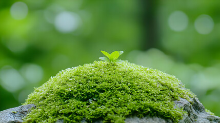 New life sprouting from moss-covered rock, forest background, nature growth