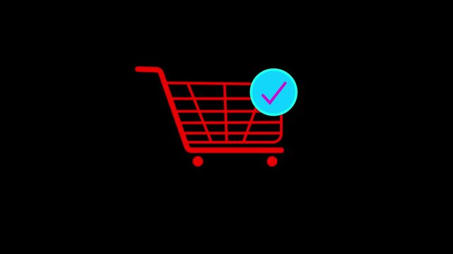 Shopping cart with check mark icon, simple deign supermarket basket with approved icon motion background.