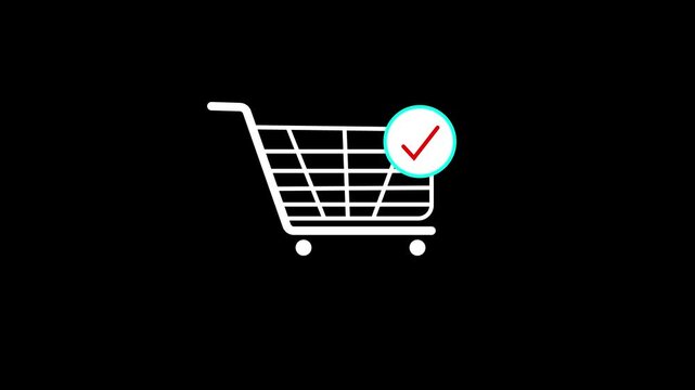 Shopping cart with check mark icon, simple deign supermarket basket with approved icon motion background.