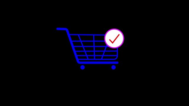 Shopping cart with check mark icon, simple deign supermarket basket with approved icon motion background.