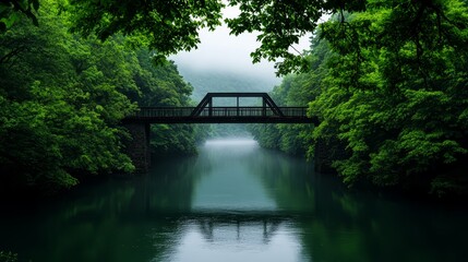 Tranquil Bridge Over Serene River - A tranquil scene of a bridge spanning a calm river, nestled amidst lush green foliage under a misty sky