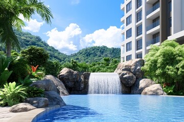 Naklejka premium Tranquil Waterfall Poolside Paradise - Serene pool, cascading waterfall, lush greenery, mountain backdrop, luxurious resort. Symbolizing peace, luxury, nature, escape, rejuvenation