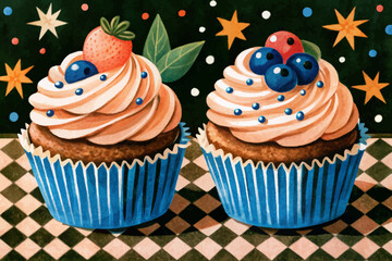 delicious two cupcake on funny background cartoon illustration