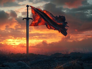 Epic battle flag raised dusk battlefield digital art dramatic sky heroic perspective triumph over adversity