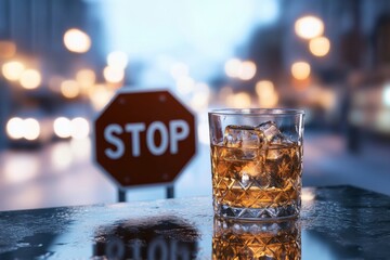 drink responsibly: Glass of whiskey with stop sign in background