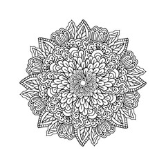 Round floral mandala. Black and white coloring page for adults. Vector illustration.
