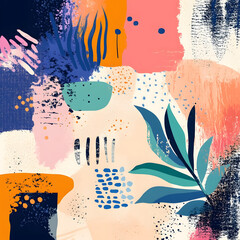 Abstract flat illustration with brush strokes and shapes in pastel colors, doodle-like, hand-drawn, mixed-media style botanical elements.