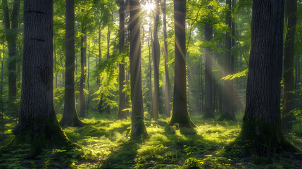 Obraz premium Sunlit Tranquility: A Serene Walk Through a Lush Green Forest