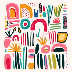 Abstract shapes and lines in bold, colorful hues, resembling hand-drawn doodles, arranged to create an eclectic pattern on a white background. 