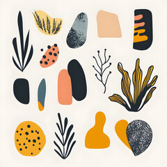 Abstract organic shapes set, hand-drawn vector illustration in a flat style with boho colors and simple forms. Abstract elements collection for your design projects.