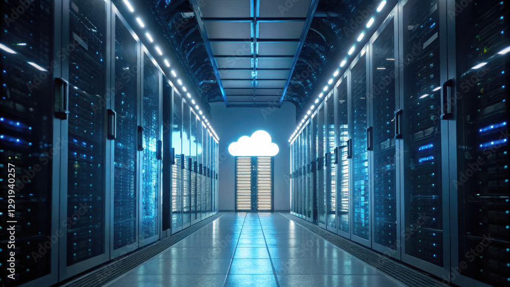 Poster secure cloud storage concept, data center with server racks and cloud symbol, showcasing technology