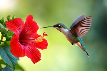 Fototapeta premium A hummingbird hovering near a bright red hibiscus flower, delicate wing details, macro,bird day 