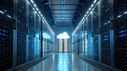 secure cloud storage concept, Data center with server racks and cloud symbol, showcasing technology